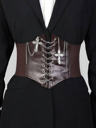 1pc Black Elastic Bondage Cross Chain Waist Belt, Versatile Y2K Baddie Style