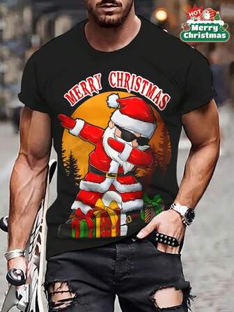 3D digital bedrucktes T-Shirt für Herren, modischer Lässig Kurzarm mit lustigem Weihnachtsmann Muster
