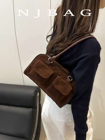 高级手提包女新款时尚百搭圆形绒面鹿绒多口袋手提包拉链单肩包托特包，女式秋冬时尚手提包大容量多口袋通勤包，女士音乐节、派对、礼品包