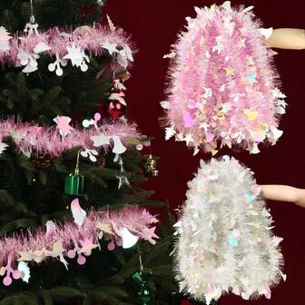 2 件 10 厘米 * 200 厘米圣诞装饰丝带粉色圣诞图案花环茜草拉花条圣诞树饰品圣诞老人粉色手杖金属丝派对用品（粉色），圣诞节