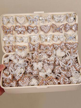 20pcs/Set Baby Girls' Khaki & Beige Rhinestone Pearl Butterfly Hair Clips, Assorted Heart & Flower Design, Cute Princess Mini Hairpins, Suitable For Daily Use