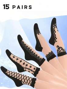 5 Pairs Of Ladies' Black Thin Flower Printed Stockings Are Soft, Breathable, Wear-Resistant And Non-Slip For Daily Wear. - Black - View 16