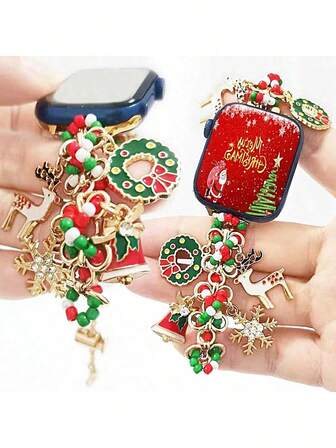 1 pieza Pulsera con cuentas de elementos navideños coloridos + 1 pieza Correa de repuesto decorativa navideña encantadora, compatible con Apple Watch de 38-49mm, Ultra SE Series 10/9/8/7/6/5/4/3/2/1 (solo la correa)