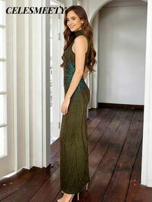 Elegante vestido de noche de sirena con lentejuelas y espalda descubierta, color negro, vestido formal para invitados de boda, adecuado para cena de gala, primavera - Verde Oliva - Ver 7