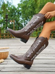 女士咖啡棕色尖头刺绣靴，时尚套穿式冬季靴，牛仔靴 - 咖啡棕 - 查看 10