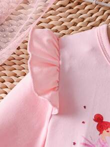 女童芭蕾舞者图案长袖圆领网眼裙休闲公主裙 - 粉色 - 查看 5