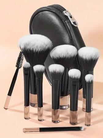 Portable ON THE GO Makeup Brush Set, 10pcs Easy-Taken Mini Full Complete Function Cosmetic Brushes Kit With Brush Pouch