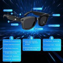 Lunettes vidéo intelligentes SENBONO AI avec caméra HD 8MP Traduction en temps réel en plus de 100 langues Musique sans fil, appels + Prise de vue sportive haute définition, microphone et haut-parleur intégrés, appels HD, musique HiFi, longue autonomie, lunettes audio mains libres pour le sport, la conduite, la pêche, le travail et le port quotidien - Noir - Voir 11