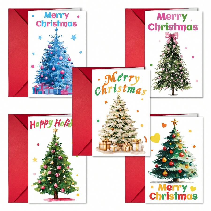 1 pieza Juego de tarjeta de felicitación y sobre de Navidad con diseño de árbol de Navidad, tarjeta en blanco para escribir a mano, tarjeta elegante navideña, tarjeta decorativa para regalo