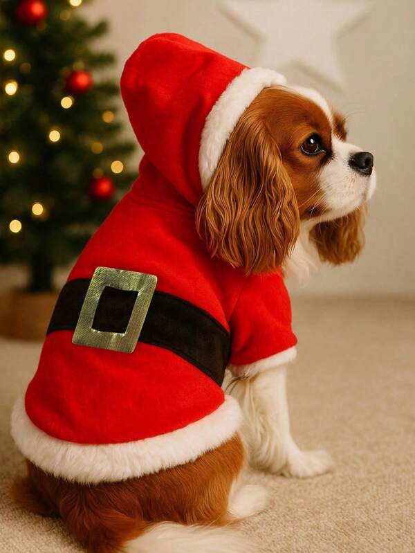 1pc Festive Red Santa Claus Dog Hoodie, Warm Christmas Party Costume & Formal Dress For Small Dogs - Perfect For Holiday Photos And Winter Outings.Ubranka Dla Psa