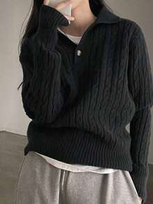 大码女式休闲优雅罗纹针织 Polo 衫，适合户外、度假、日常穿着、秋冬/春季 - 黑色 - 查看 6