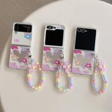 Floral & Heart Mirror Folding Phone Case With Chain, Compatible With Samsung Galaxy Z Flip3 5G/Galaxy Z Flip 4 5G/Galaxy Z Flip 5 5G/Galaxy Z Flip 6 5G/Galaxy Z Flip 7 5G, Foldable Phone Cover - Multicolor - View 7