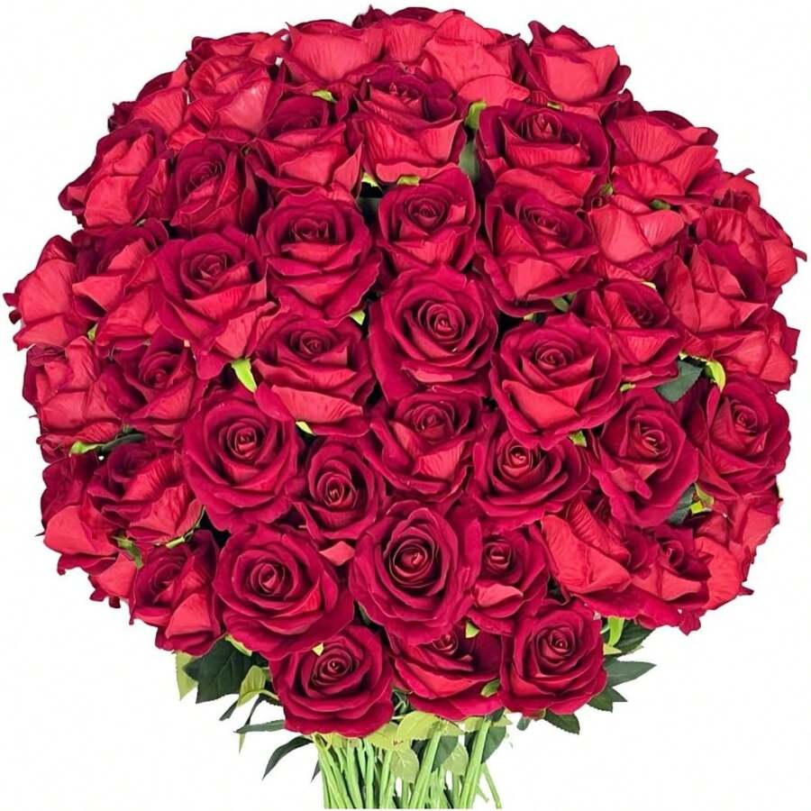50PCS Large Velvet Artificial Roses 4.14" Real Touch Long Stem Fake Flowers In Bulk For Flower Arrangement, Wedding, Home & Party Decor (White) - Red Velvet Roses - View 1