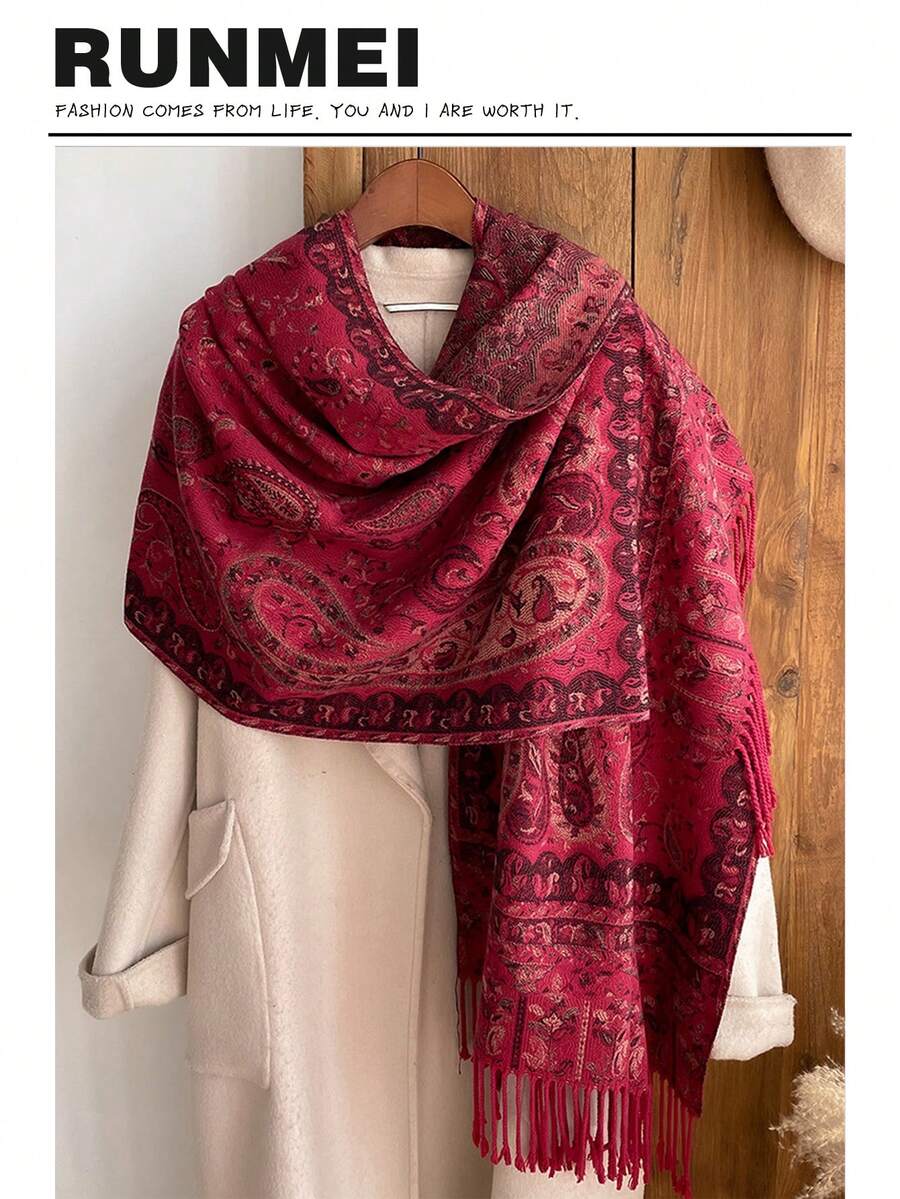 Boho 1 peça cachecol feminino vintage luxuoso com estampa paisley jacquard pashmina xale hijab, adequado para usar e carregar durante viagens frias de manhã e à noite no outono e inverno - vermelho escuro - Ver 1