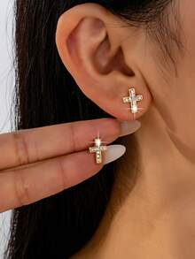 1 Pair Fashionable Cross Stud Earrings, Suitable For Daily Wear - Multicolor - View 3