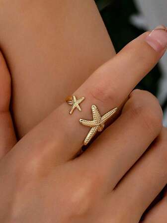 1 Pc Golden Color Summer Vacation Beach Style Sea Star Starfish Ring For Women