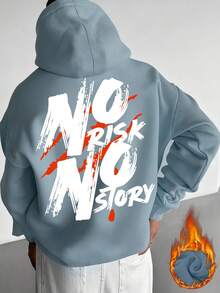 K-GLORY 男士“No Risk No Story”标语印花抓绒连帽衫，美式街头风格，秋冬款 - 淺藍色 - 查看 5