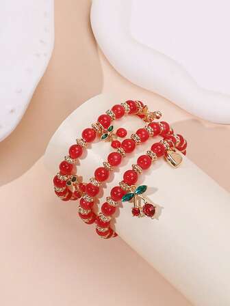 3pcs/Set Creative Cherry Pendant Beaded Bracelet Set, Cute Everyday Wear For Women