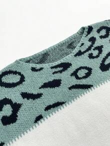 Women's Oversized Cute Color Block Leopard Sweaters Casual Cozy Ribbed Knit Crewneck Pullover Long Sleeve Sweater Tops