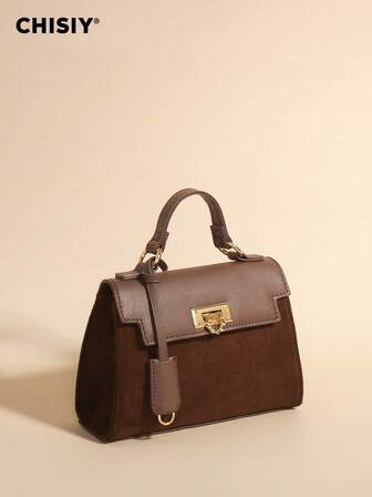 CHISIY 1 Stück modische braun-weiße Patchwork Minimalist Stil Handtasche, geeignet für Business, Lässig, Einkaufen, Schule, mit Twist-Lock vorne, Schultergurt, Umhängetasche, leicht & strapazierfähig, Vintage-Charme, elegant & vielseitig für Frauen, passend für jeden Anlass um einzigartigen Modestil zu zeigen