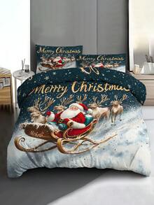Decorațiuni de Crăciun, set de lenjerie de pat cu husă de pilotă, 2/3 buc, cu imprimeu de Moș Crăciun și reni, roșu, verde și auriu, set de pilotă, cu 1 husă de pilotă și 2 fețe de pernă, cuvertură de pat king-size, cearșaf de pat, poliester moale, prietenos cu pielea, lavabil la mașină, curățare chimică. Este potrivit pentru decorarea casei și a dormitorului, decorul camerei, decorul dormitorului, articole de decorare a camerei, set de pilotă queen-size, este un cadou bun de ziua de naștere.