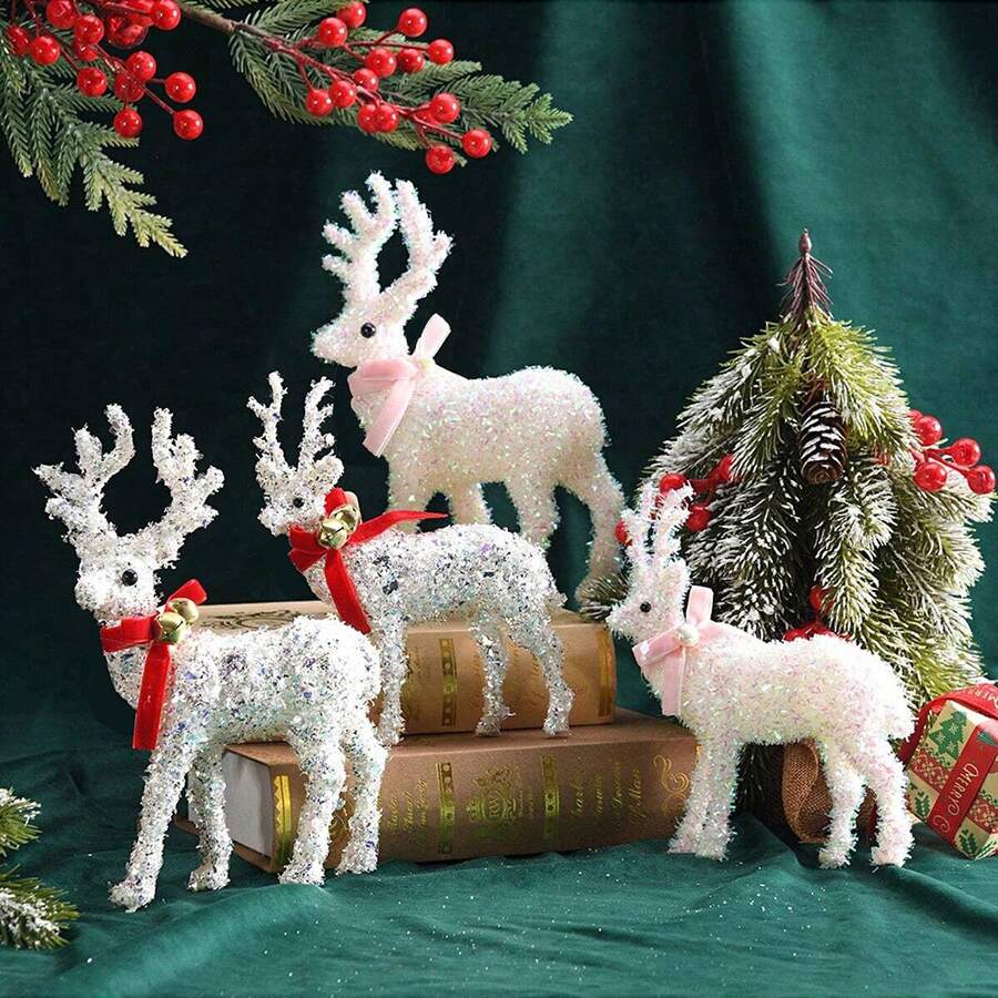 1 pièce Décoration de renne de Noël étincelante blanche, centre de table de Noël, décoration pour vitrine de Noël, convient pour la décoration de fête de Noël et du Nouvel An, décoration de maison et de chambre, ambiance des fêtes, cadeau de Noël, décoration d'anniversaire, de mariage, d'action de grâce, décoration de vacances