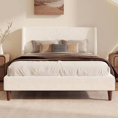 MERAX Modern Ivory Boucle Upholstered Platform Bed With Wingback Headboard And Walnut Wooden Legs,Queen Size
