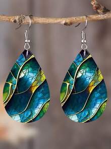 A Pair Of Teardrop-Shaped Gemstone Floral Pattern Acrylic Earrings For Dinner Wear, Banquet Souvenirs, Gifts, Women's Jewelry, Summer