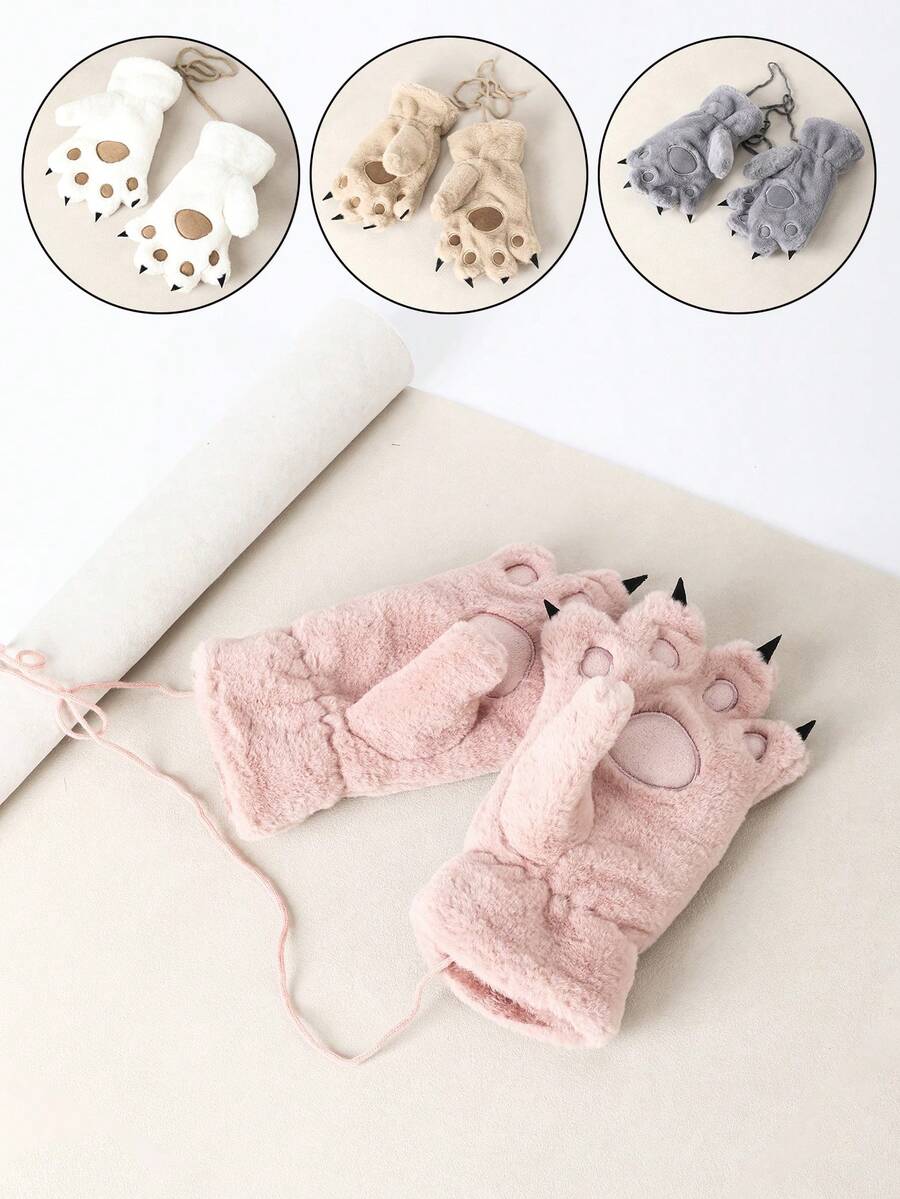 1 par de guantes de dedo completo con diseño de pata de gato de dibujos animados, guantes deportivos gruesos y cálidos de felpa para juegos de nieve al aire libre, ciclismo, otoño/invierno - A - Ver 1