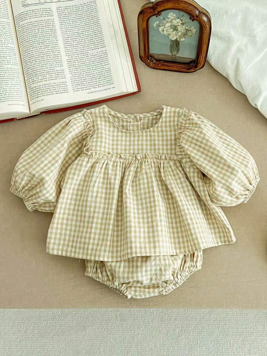 Baby Plaid Outfits For Boys And Girls, 2pcs Set, Korean Style Suit For Outing, Autumn - Khaki - View 1
