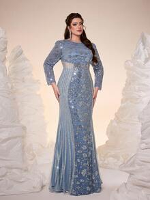 Plus Size Fall Winter Elegant Luxury Shiny Sequin Embroidered Fitted Mermaid Evening Dress, Long Sleeve Waist Cutout Striped Tulle For Party Festival - Blue - View 6