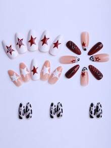 24 piezas de uñas postizas con forma de almendra para otoño e invierno, en caja de regalo. Incluye: Estrella simple acanalada, borde francés, estrella de perla blanca tridimensional, patrón de mancha de leche negra, ondas tridimensionales de color vino tinto, estilo Ins. Adecuado para uso diario, fiestas. Buen regalo para niñas y mujeres. Incluye 1 pieza de pegamento de gelatina y 1 lima. - Multicolor - Ver 2