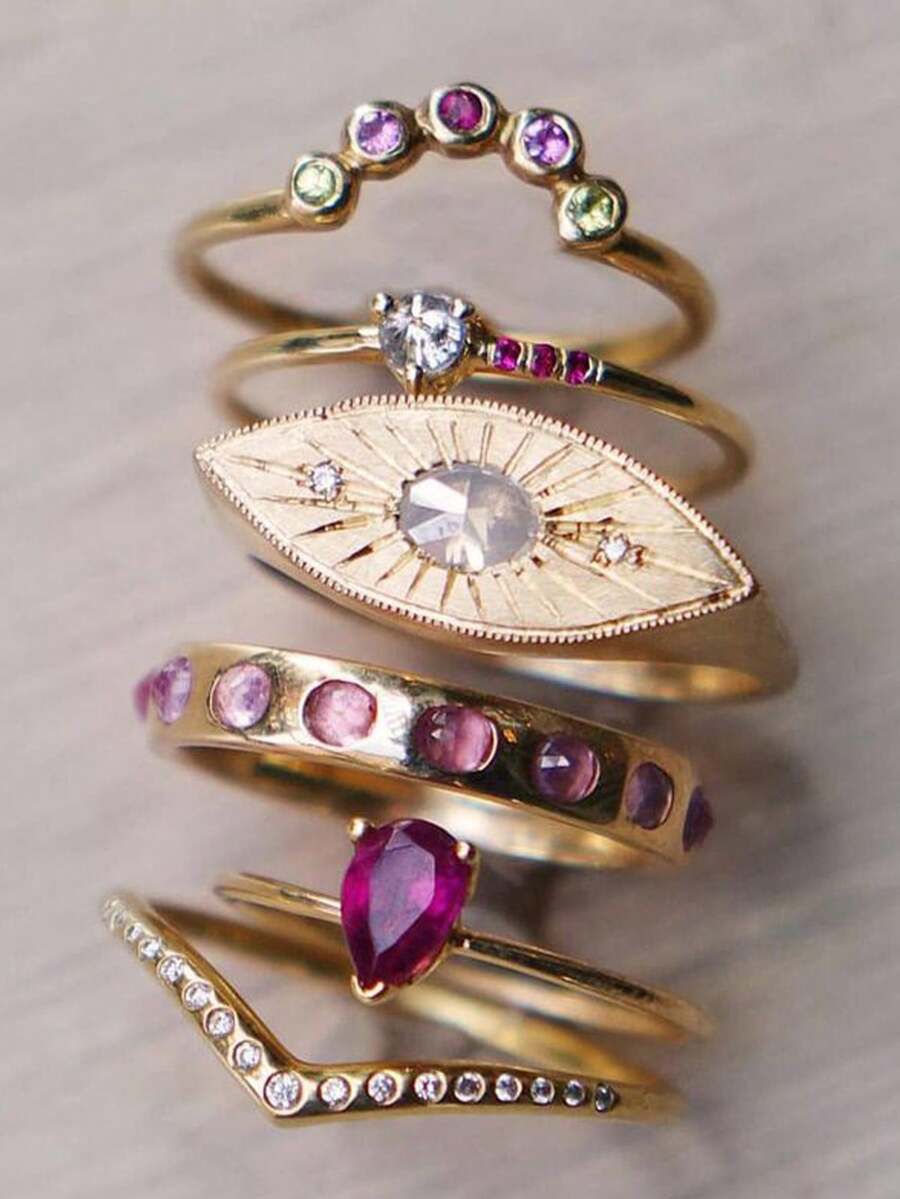 6 Pieces/1 Set Fashionable And Personalized Retro Devil Eye Copper Alloy Diamond Multi-Color Ring Set Suitable For Women's Daily Gatherings, Music Festivals And Festivals To Wear As New Year Gifts - 彩色 - 查看 1