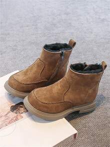 1 Pair Camel Thermal Lined Warm Baby/Toddler/Kids Classic Short Boots, Soft & Comfortable Elastic Fleece + PU Material, Warm Zipper Design, Round Toe Soft Sole, Simple British Style, Suitable For Boys & Girls Indoor/Outdoor, Autumn/Winter New