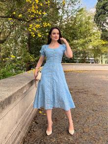 Women's Midi Dress, Casual, Elegant, Cotton, Daily - Baby Blue - View 7