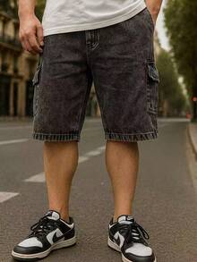 Spring And Summer Men's Cargo Bermuda Shorts, Faded Jeans, Baagy Streetwear, Loose Casual With Big Pockets, Waistband, Codao S To XL - Rửa sạch màu đen - Xem 2