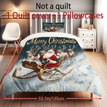Decorațiuni de Crăciun, set de lenjerie de pat cu husă de pilotă, 2/3 buc, cu imprimeu de Moș Crăciun și reni, roșu, verde și auriu, set de pilotă, cu 1 husă de pilotă și 2 fețe de pernă, cuvertură de pat king-size, cearșaf de pat, poliester moale, prietenos cu pielea, lavabil la mașină, curățare chimică. Este potrivit pentru decorarea casei și a dormitorului, decorul camerei, decorul dormitorului, articole de decorare a camerei, set de pilotă queen-size, este un cadou bun de ziua de naștere.