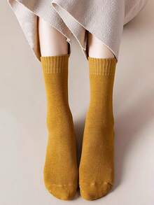 6 Pairs Women's Solid Color Thick Thermal Lined Warm Breathable Mid-Calf Socks