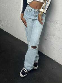 Women's Mid-Rise Light Wash Ripped Straight Leg Jeans, Loose Fit, With Pockets, Essential For Daily Casual, Commute, Holiday Vacation And Dating - Rửa nhẹ - Xem 2