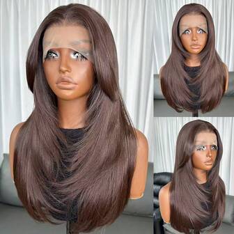 Kanekalon Futura Hair 6#Choklad Naturbrun 13x4 Syntetiska Peruker med Spets Framtill För Kvinnor 18 Tum Medium Lång Vågig Gardinlugg Limfri Kanekalon Hårresistent Syntetiskt Hår Peruker Mittdel 150% Täthet Naturlig Hårlinje Limfri Peruker För Mode Kvinnor Flickor Fest Semestervisning Smink Användning Dagligt Bruk