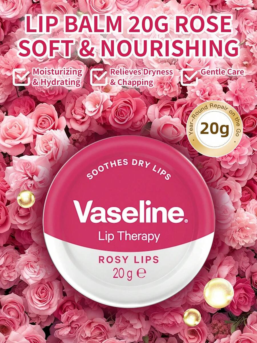 1 Box 20g Rose Vaseline Lip Balm, Moisturizing & Repairing, Smooth Texture, Long-Lasting Hydration, Suitable For Dry Lips, Daily Commute Lip Care - Lipstick 20g Rose - View 1