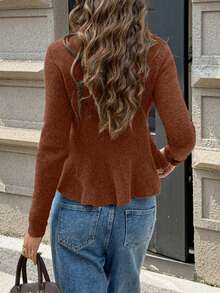 FOR BEAUTY 纯色圆领长袖修身毛衣，新款女士日常休闲通勤开衫，时尚优雅简约外套毛衣上衣，新年必备 - 紅棕色 - 查看 4