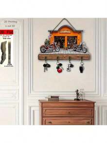 2D Flat, 1pc Christmas Motorcycle Garage Theme Decorative Wooden Multi-Function Key Hook With 4 Metal Hooks, Wall Decor, Porch Decor, Room Decor, Villa Decor, Home Decor For All Seasons