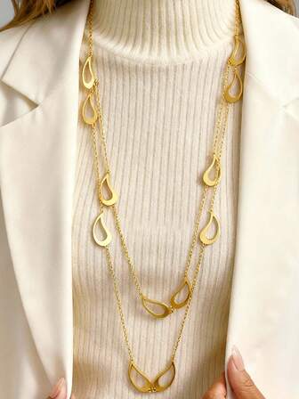 قلادة طويلة من الفولاذ المقاوم للصدأ مزينة بخرز وقطرات مائية وشكل قلب وخرز اللؤلؤ الاصطناعي غير متماثل، سلسلة كنزة باللون الذهبي للنساء في فصل الشتاء