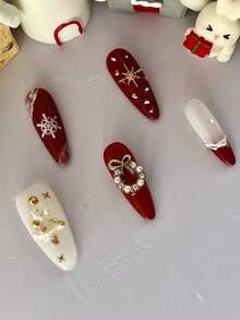 10 szt. damskich sztucznych paznokci, kształt migdała, ręcznie robione drzewko 3D, płatek śniegu, wielokolorowy brokat z kryształkami, luksusowy wzór, akrylowy, błyszczący, wielokrotnego użytku zestaw sztucznych paznokci, w zestawie klej do paznokci i pędzelek. Idealne na Nowy Rok, urodziny i inne okazje, co czyni je idealnym prezentem. - Wielokolorowe - Zobacz 6