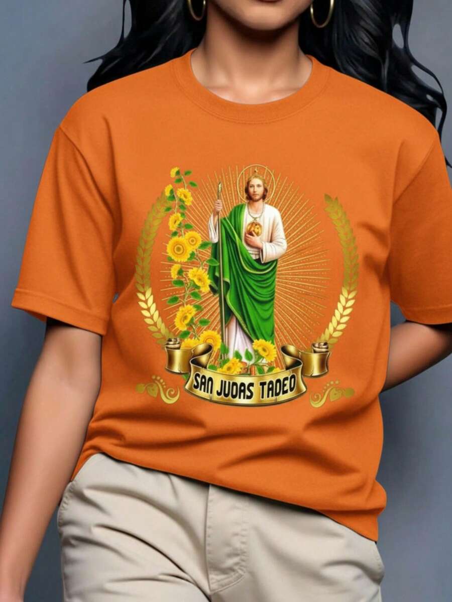 Playera camiseta gráfica dama mujer manga corta cuello redondo básica cómoda fresca ligera moderna juvenil casual estampado sn judas san juditas tadeo girasoles flores flor floral letras - Naranja - Ver 1