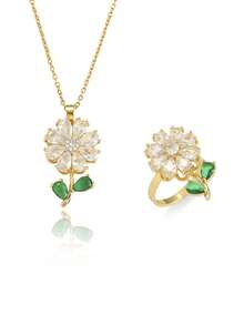 Vintage Mixed Style Sunflower Rotating Necklace Set, 360 Degree Rotating Emerald Flower Ring With Titanium Steel Inlaid Zirconia And Enamel Colorful Stone, Women Jewelry Accessories For Daily Wear/Party
