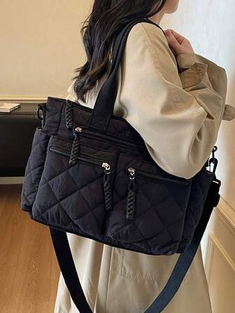 1pc Black Cotton Padded Quilted Embroidered Women's Tote Bag, Multi-Pocket Practical Versatile Shoulder Bag, Lightweight Foldable Large Capacity Handbag, College/School/Work/Travel Bag