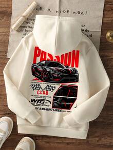 男童超級跑車與賽車方格旗背印圓領套頭衛衣，Passion Club 字母印花寬鬆長袖童裝街頭風衛衣 - 杏色 - 查看 3