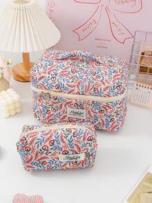 1 Piece Vintage Flower Pattern Cosmetics Bag Quilted Design Makeup Handbag Print Travel Cosmetics Bag Large Capacity Home Sundries Organizer Bag Set - Brown - View 5